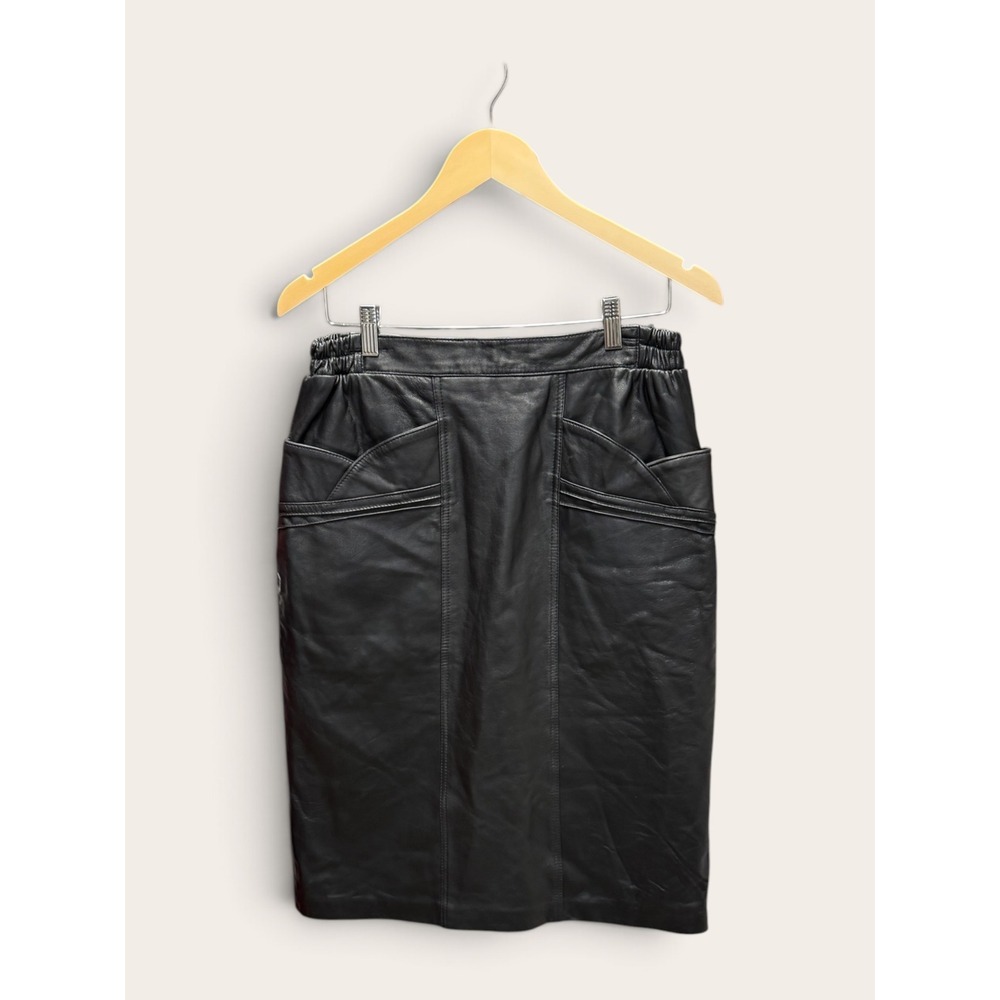 Excelled Collection Black Leather Midi Skirt Womens 12 Pencil High Waist Pockets